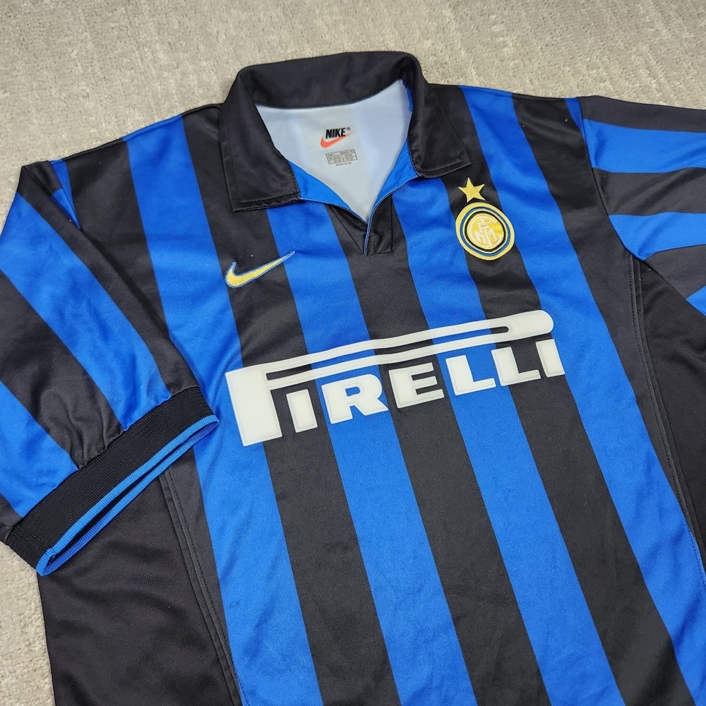 Vintage Nike Inter Milan Pirelli Soccer Jersey Men Large Blue Striped Shirt